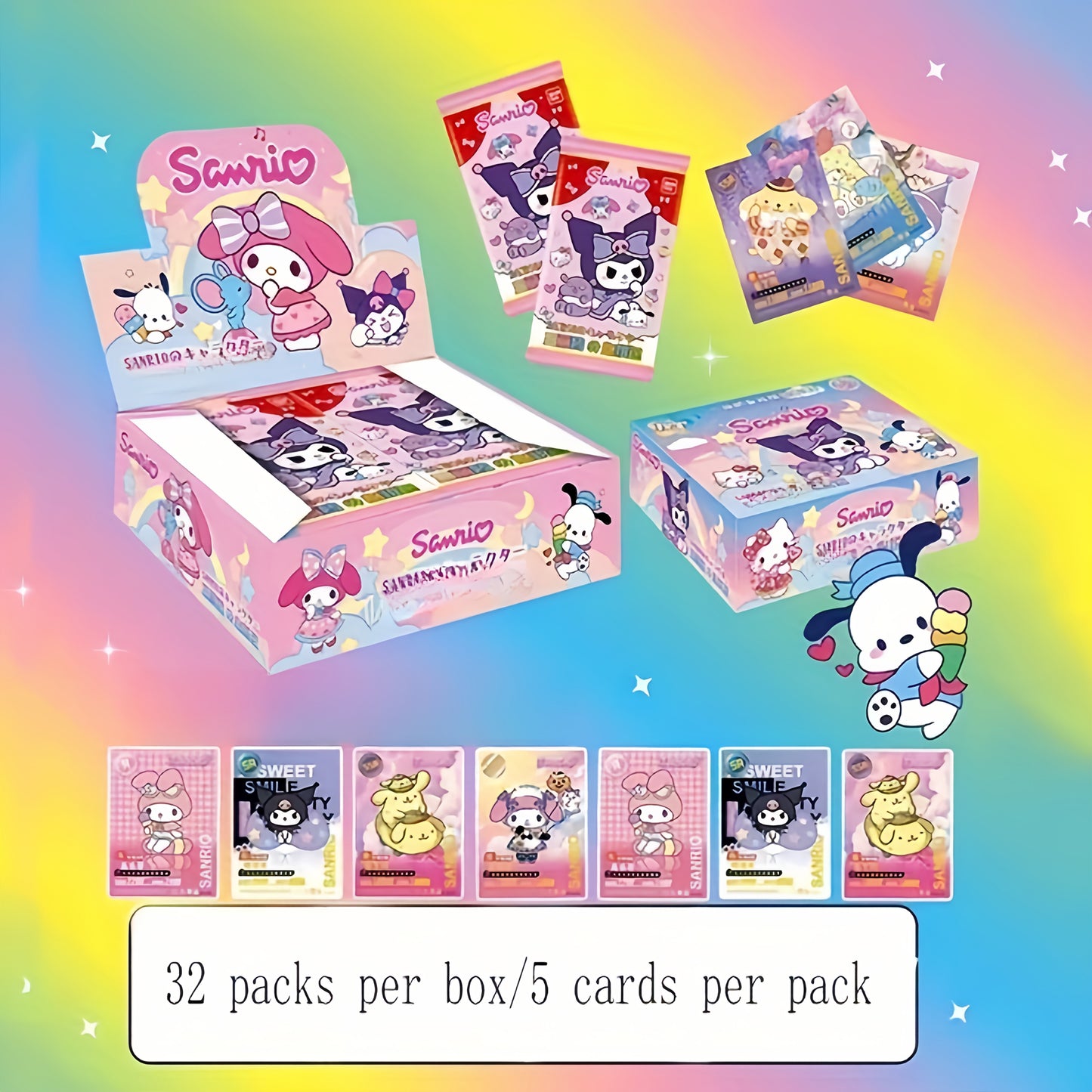 1 Boîte (32 Paquets) de Cartes Série Sanrio - Hello Kitty, My Melody, Kuromi & Plus - Collection de Cartes à Échanger Premium pour Collecteurs et Cadeaux, Petits Présents Idéaux
