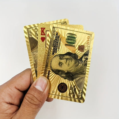Cartes à Jouer en Feuille d'Or de Luxe avec Design de Dollar Américain - PVC Durable, Étanche & Lavable - Idéales pour Halloween, Noël, Thanksgiving, Oktoberfest et Célébrations du Nouvel An