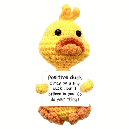 Jouet Canard Crochet Joyeux avec Carte Inspirante - Poupée en Laine Tricotée à la Mode Mignonne pour Émotions Positives, Parfaite pour Cadeaux de Noël et d'Anniversaire, Décorations de Fête