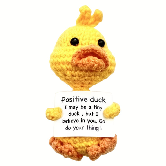 Jouet Canard Crochet Joyeux avec Carte Inspirante - Poupée en Laine Tricotée à la Mode Mignonne pour Émotions Positives, Parfaite pour Cadeaux de Noël et d'Anniversaire, Décorations de Fête